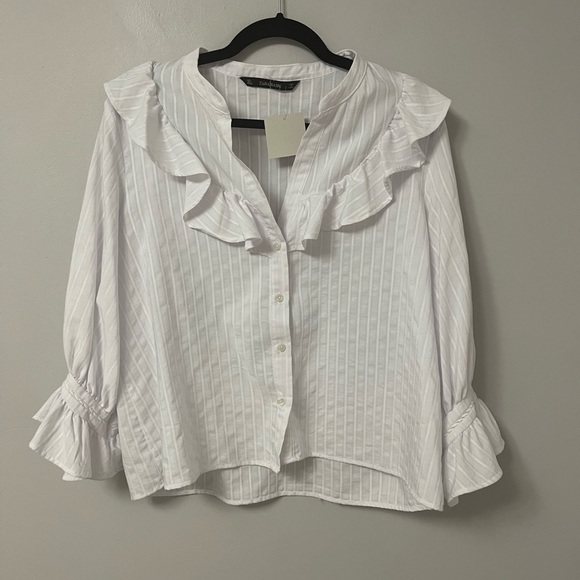 Zara white striped ruffle button up blouse - Picture 2 of 4